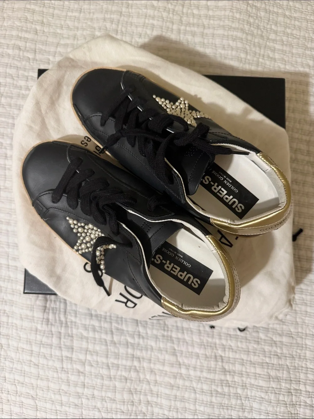Golden Goose Black Leather Espadrille-Style Sneakers with Pearl Star Private Edi